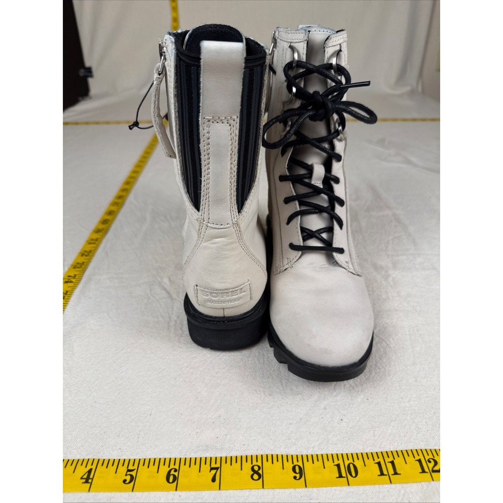 Sorel Lennox Lace Boots Women 7 White Waterproof Leather Combat Side Zip NL3155